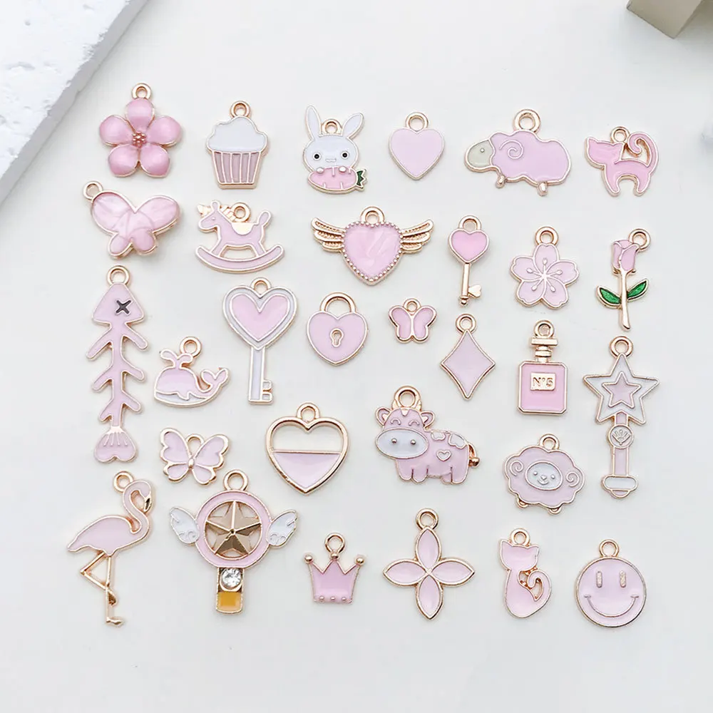 10PCS Pink Drip Oil Color Alloy Enamel Cute Heart Flower Animal Charms Pendant For Dly Earrings Bracelet Jewelry Accessories