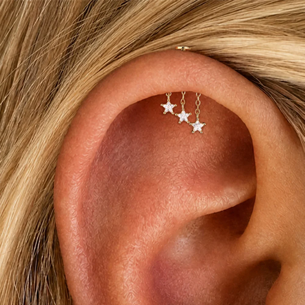 AIDE 925 Sterling Silver Triple Stars CZ Vertical Helix Piercings For Women 16G Internal Thread Flat Back Tassel Fine Jewelry