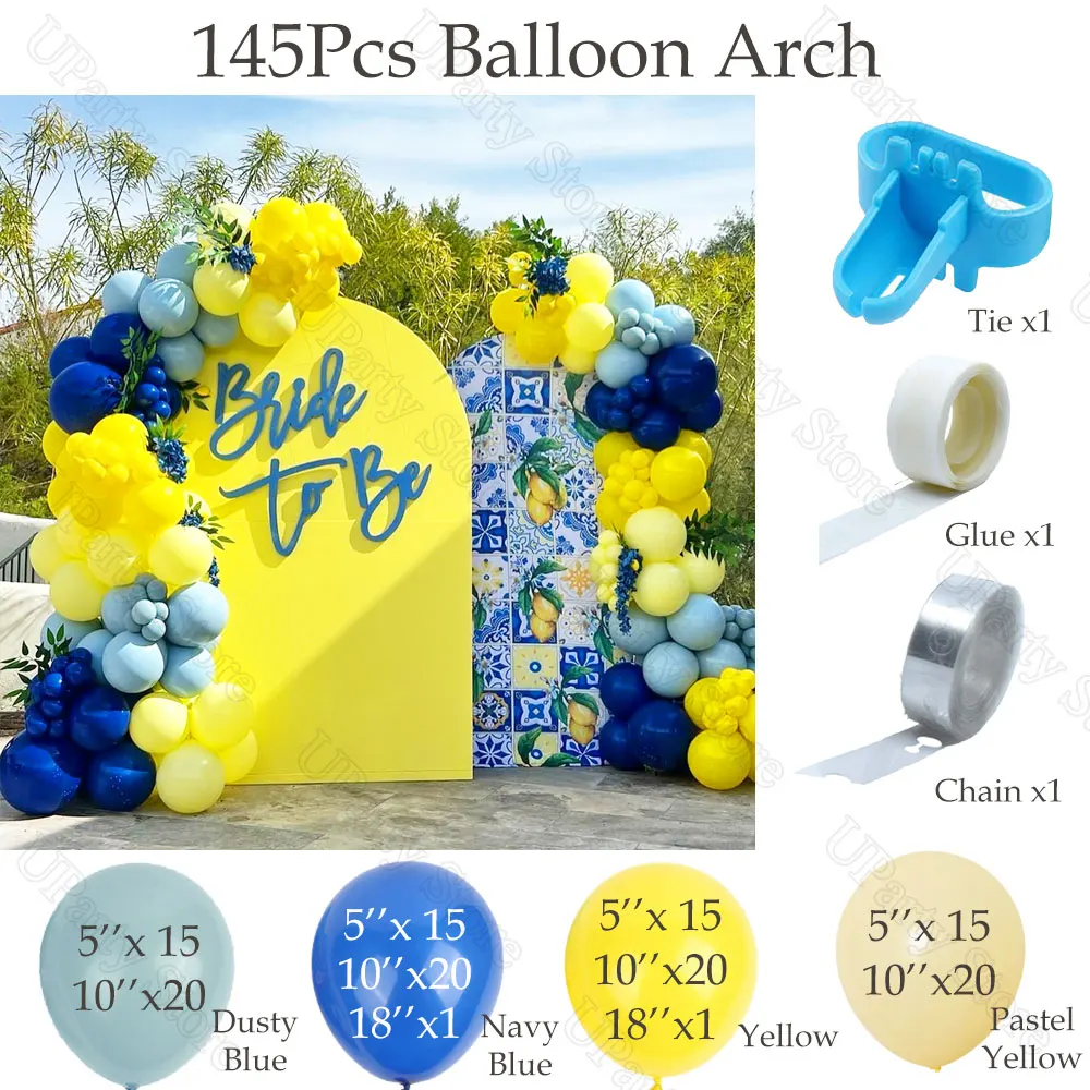 145Pcs Navy Blue Yellow Balloons Garland Dusty Royal Blue Balloon Arch for Mediterranean Lemon Birthday Baby Shower Wedding Deco