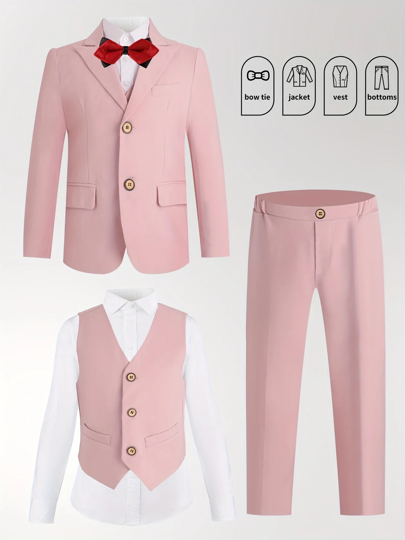 Boys Girls Spring Pink 4Pieces/Set Jacket Vest Pants Bowtie Wedding Suit Kids Photography Dress Children Host Piano Costume