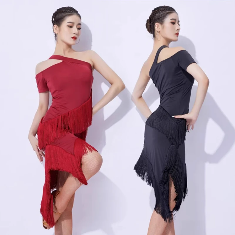 

Women Sexy Off-Shoulder Tassel Latin Dance Dress 2 Colors Competition Costume ChaCha Tango Dancing Dresses Practice Wear VDB7156