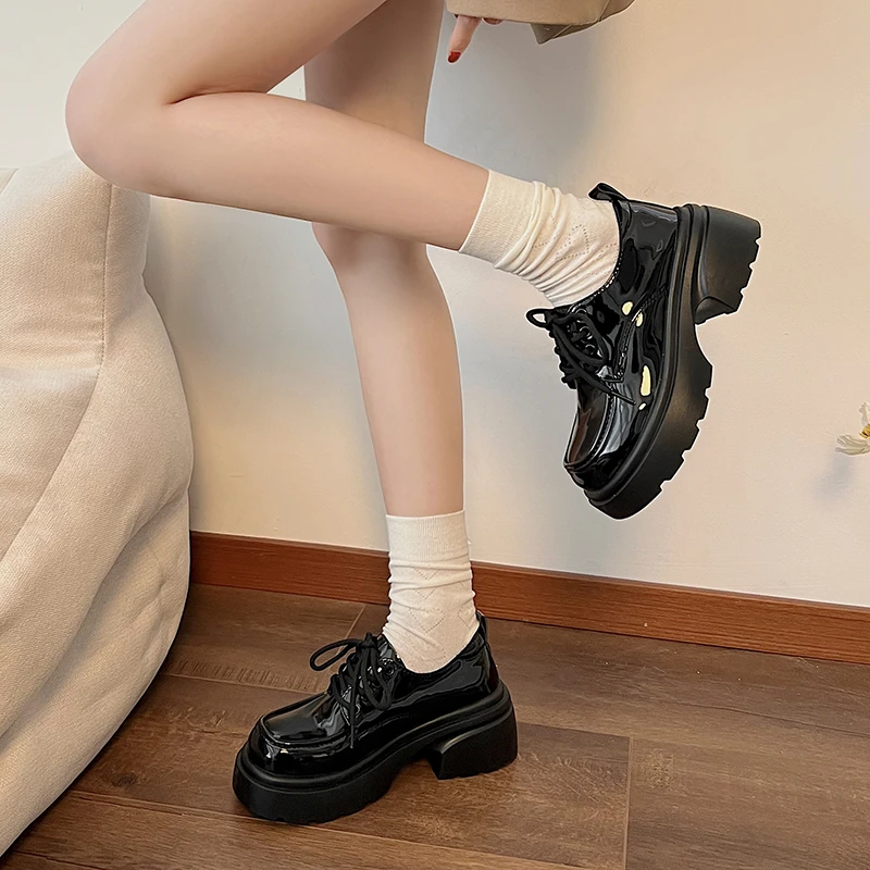 Zapatos de mujer Mocasines de plataforma con piel Oxfords Zuecos de estilo británico Cuero sin cordones retro Preppy Mary Janes Estilo británico Mujer'