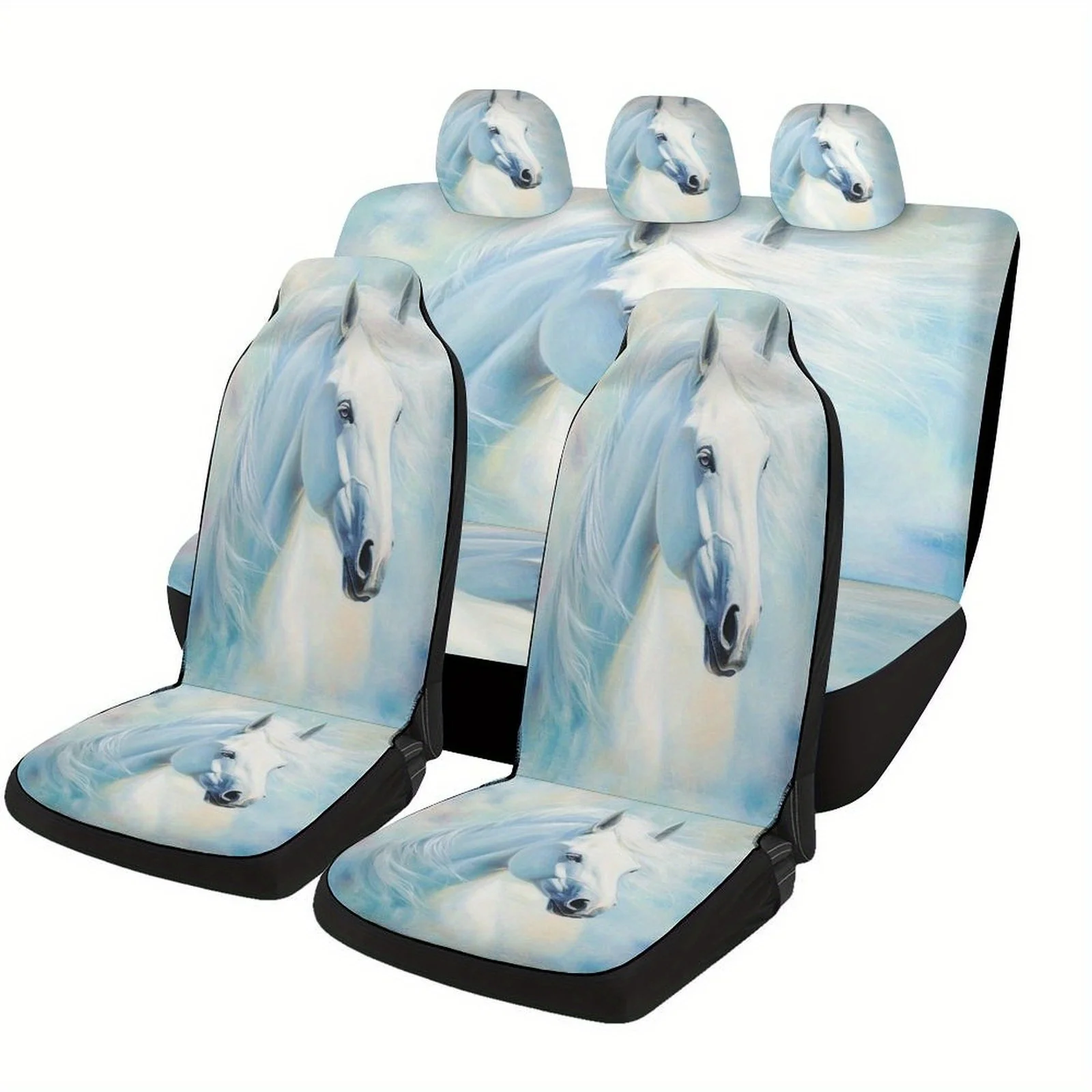 White Horse Portrait Designed Car Seat Cover Set For Most Cars, Fashion Novelty Car Seat Protector Covers Full Set, Car Seat C
