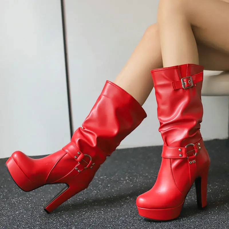 

Women's Medium Boots Round Head Thick Sole Thick Heel Super High Heel Belt Buckle Women's Knee Boots Casual Martin Knight Boots