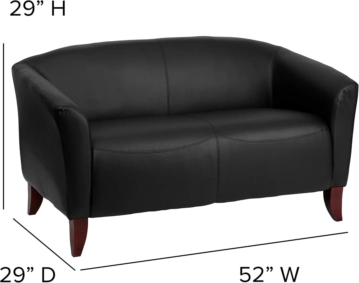 Loveseat Sofa, Upholstered in Black Faux Leather, Featuring Cherry Wood Feet