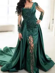 Customized Luxury Arabic Emerald Long Sleeve Evening Dresses With Train Satin Mermaid Women Formal Occasion Dress Prom Party