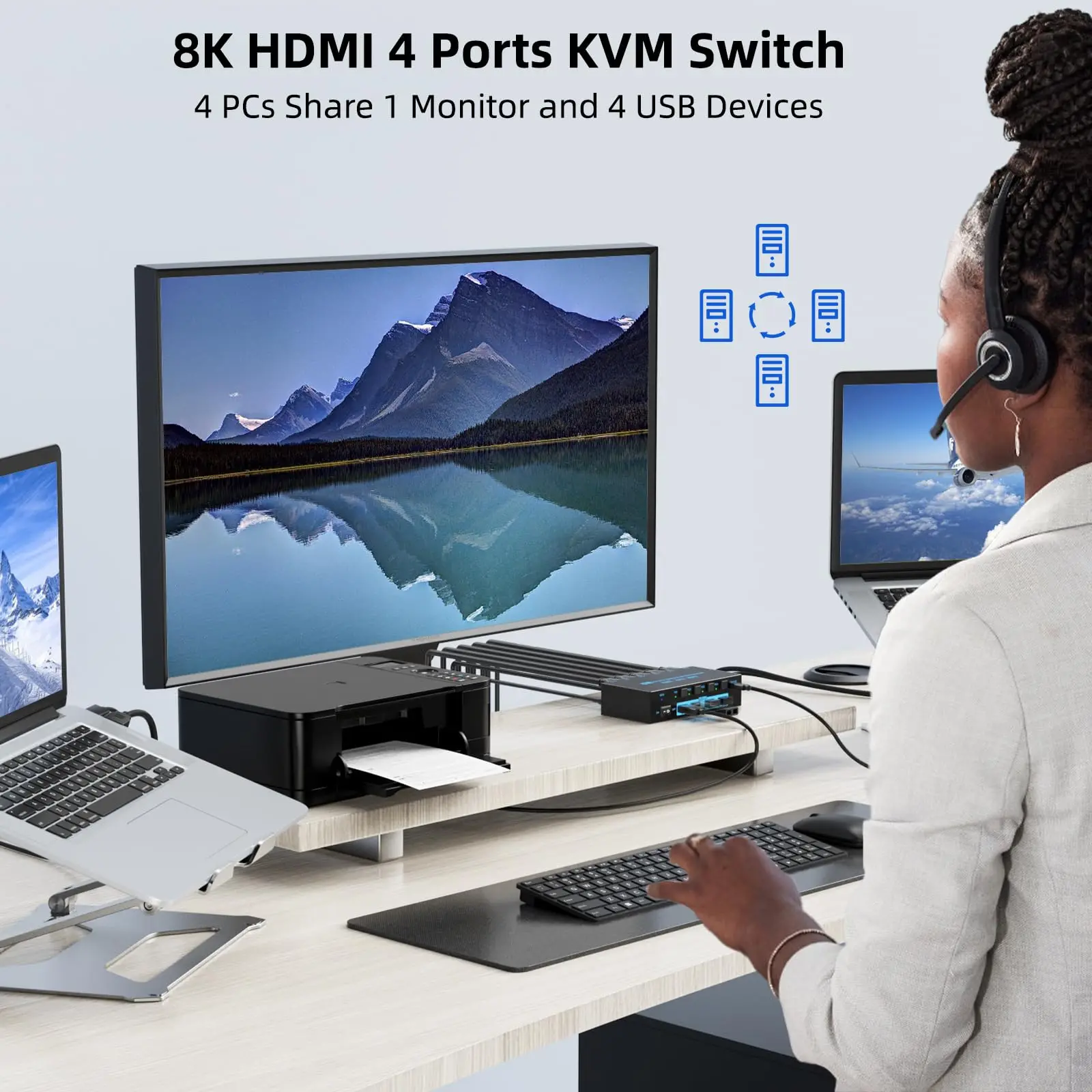 8K USB 3.0 KVM Switch HDMI 4 Port,EDID Simulation KVM Switch 4 Computers Share 1 Monitor and 4 USB Devices for Keyboard Mouse