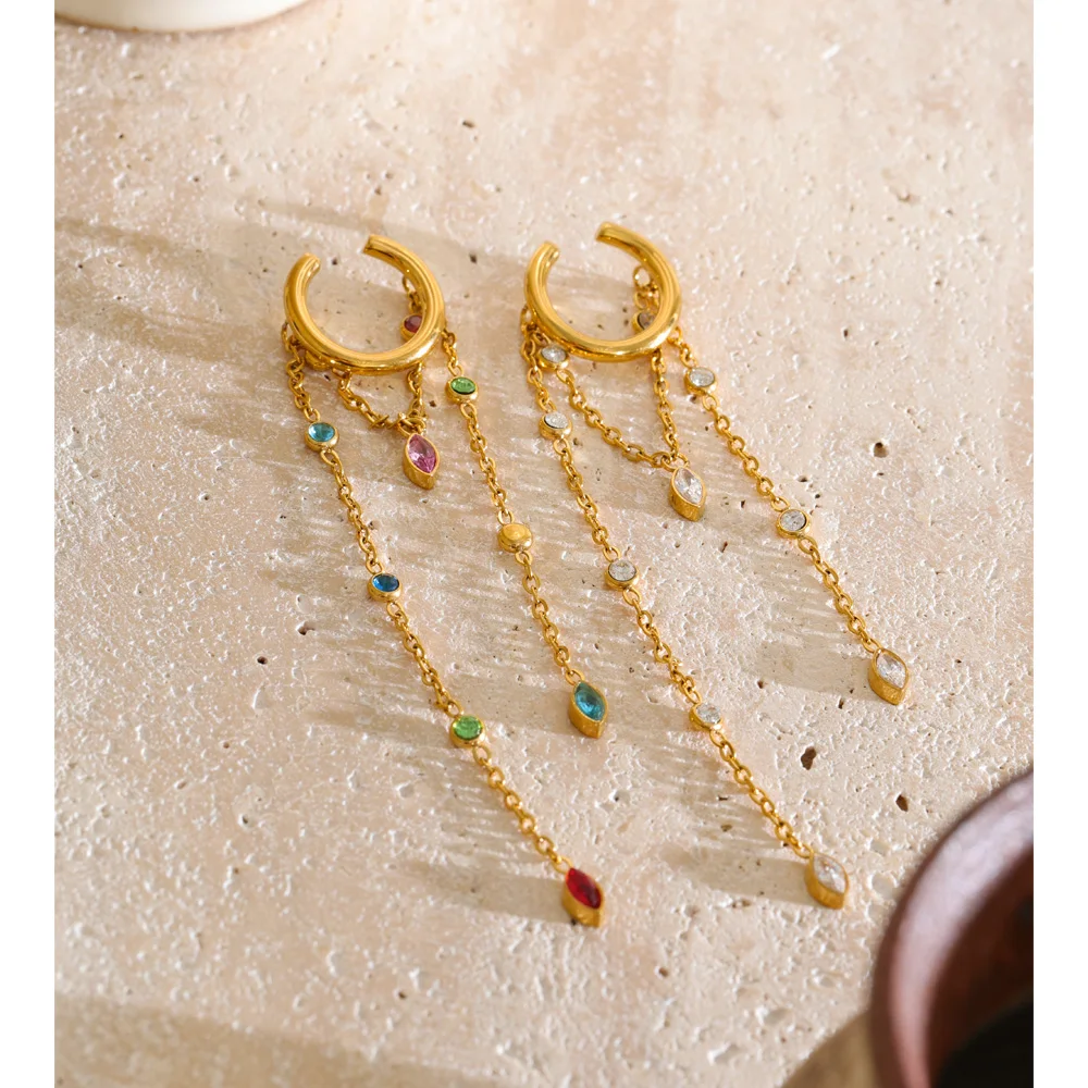 Yhpup 1PC Stainless Steel Zircon Long Chain Drop Ear Clip Earrings Tassel Waterfall Chain Evening Glam Ear Bone Jewelry