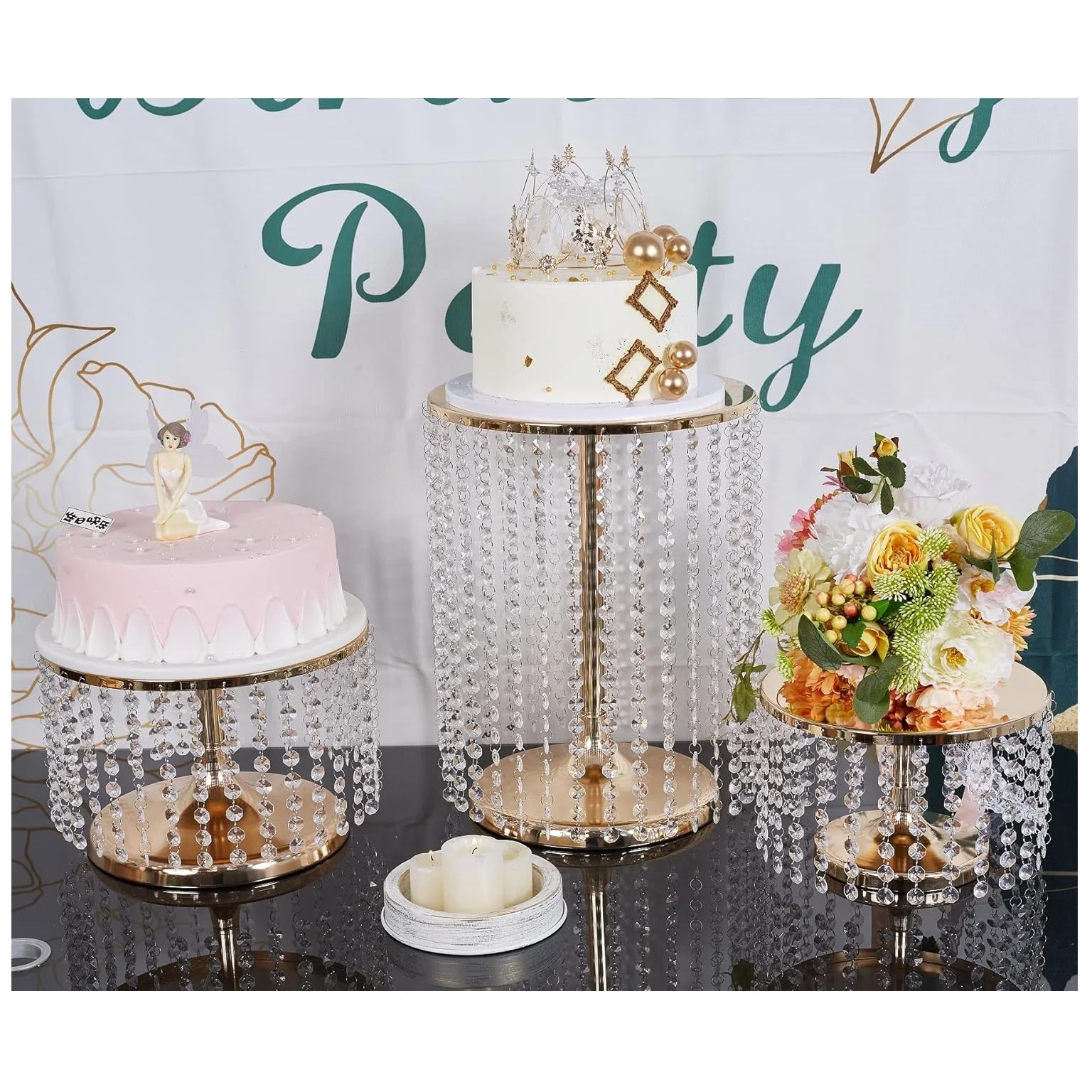 Set of 3 Cake Stand, Metal Mirror Cake Stand Cake Pedestal With Crystal Pendants and Beads, Cupcake Birthday Party Wedding Decor