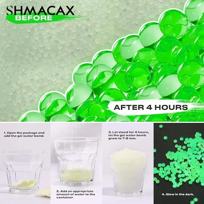 Y7-8mm رصاصات المياه الفلورسنت كرات الماء الناعمة اطلاق النار ليلة الادسنس الفلورسنت جل الماء الرصاص معركة لعبة