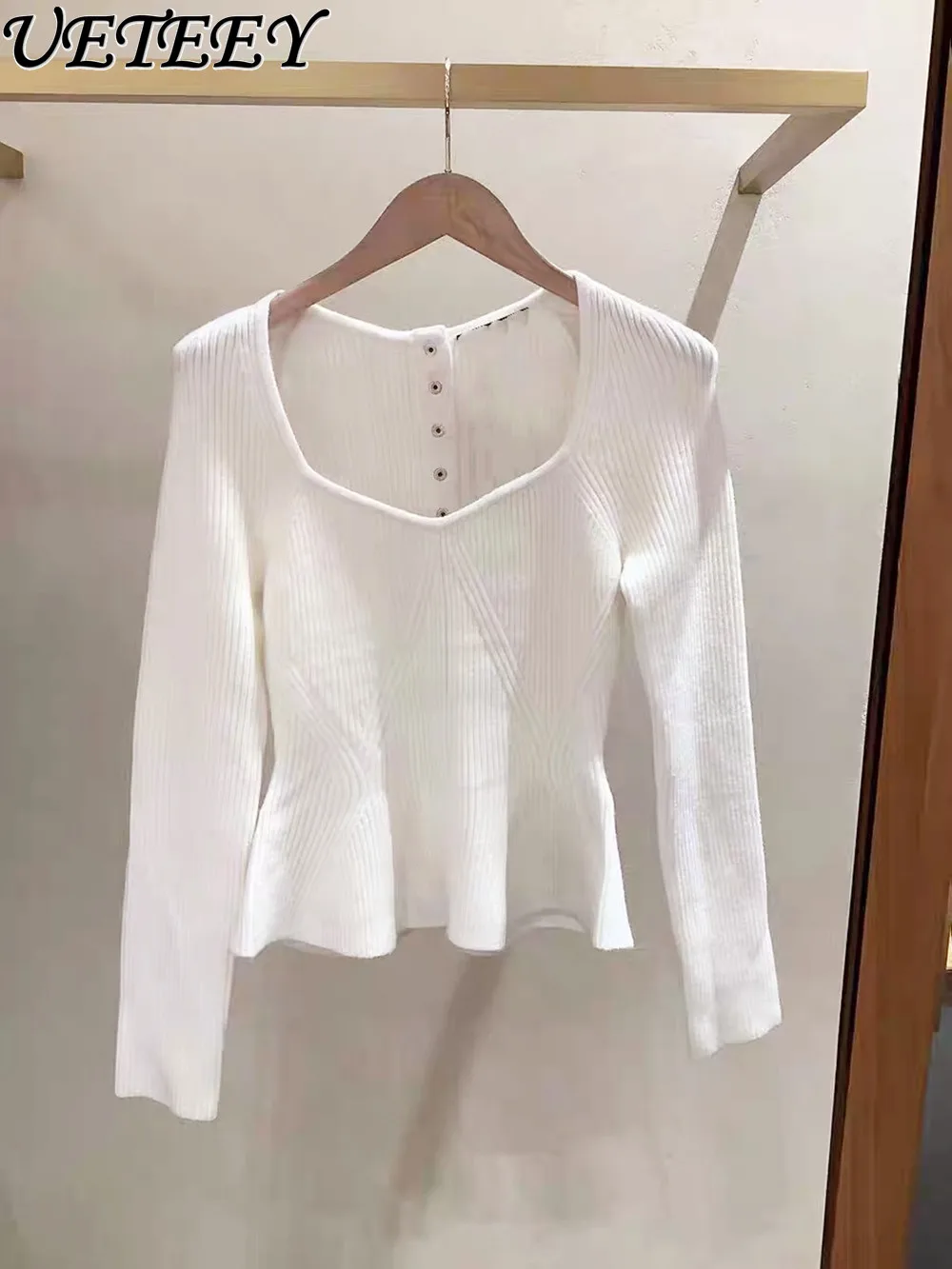 

High-End Edition European French Style Women's Square Neck Pullover White Versatile Ruffled Slim Fit Long Sleeve Knitted Top