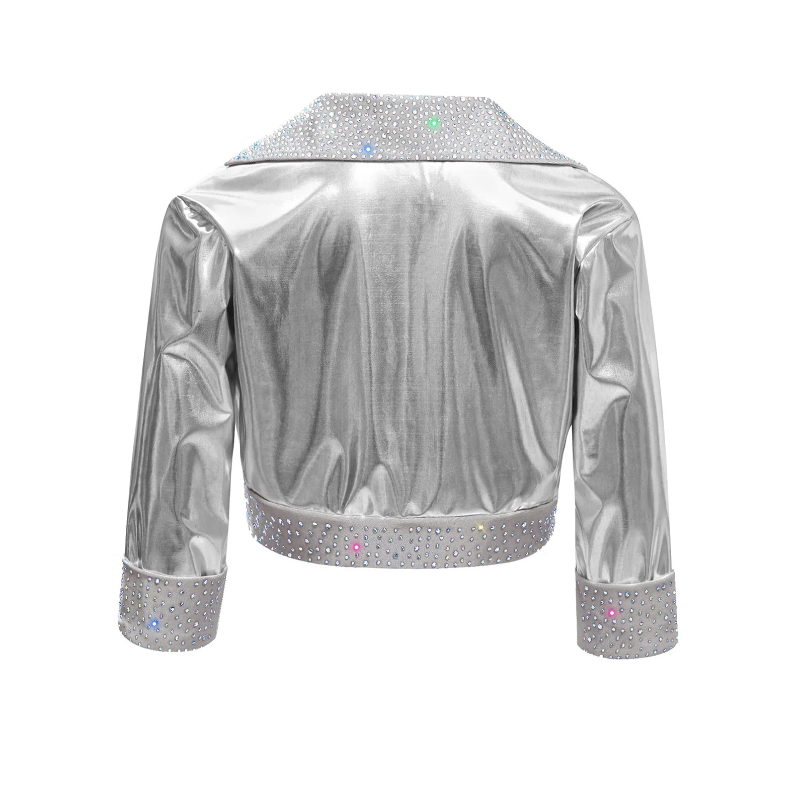 Kids Girls Jacket Coat Jazz Hip Hop Dance Crop Top Outerwear Lapel Collar Long Sleeve Shiny Rhinestones Metallic Coat Streetwear