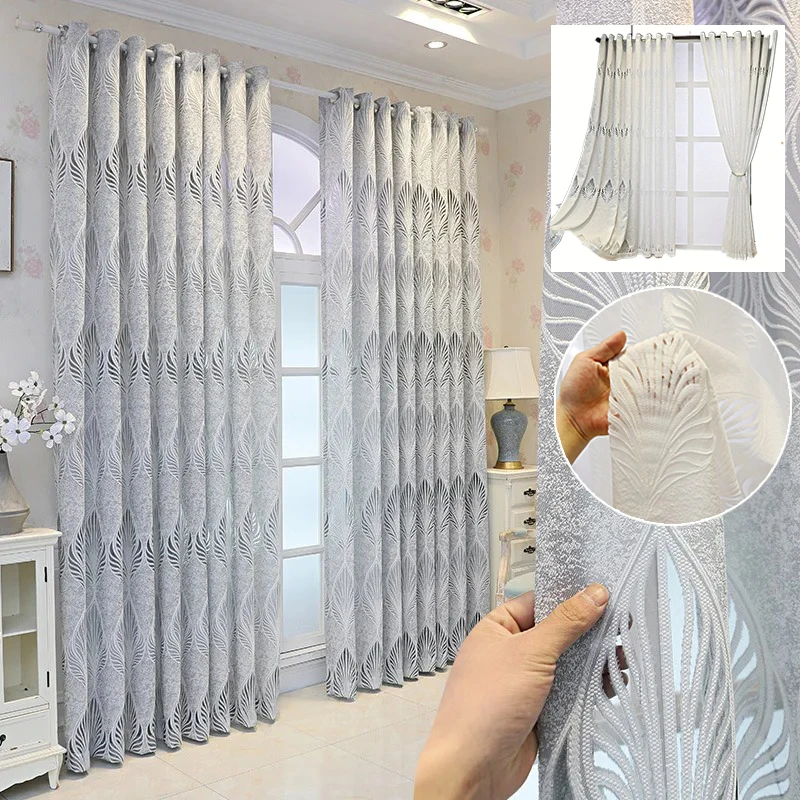 Luxury Jacquard White/Grey Curtains for Bedroom Living Room Windows Sliding Glass Patio European Hollow Tulle Grommet Ring Top