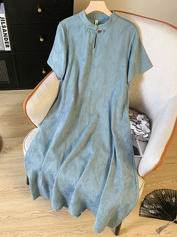 

Женское летнее платье-ципао больших размеров из хлопка и льна с коротким рукавом и воротником-стойкой, в традиционном китайском стиле, свободного кроя, миди