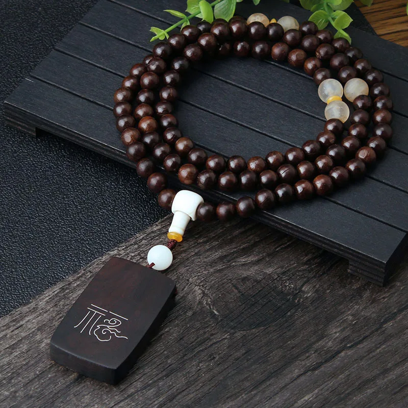 DIY accessories Retro ethnic style necklace female simple handmade silver-inlaid ebony pendant wooden bead sweater chain long ma