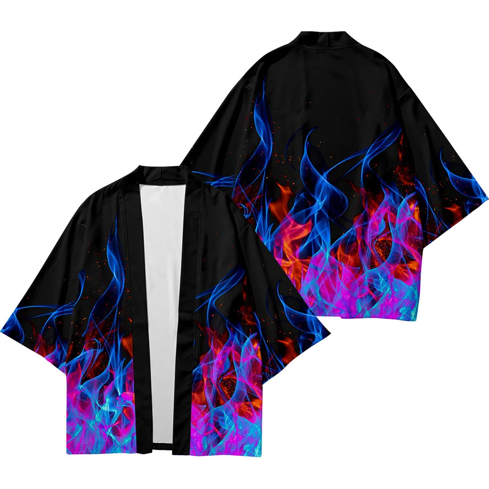 Serin Kimonos hırka japon moda Cosplay kostüm Haori 3D alev Kimono kadın erkek gömlek yaz plaj Yukata için Tops