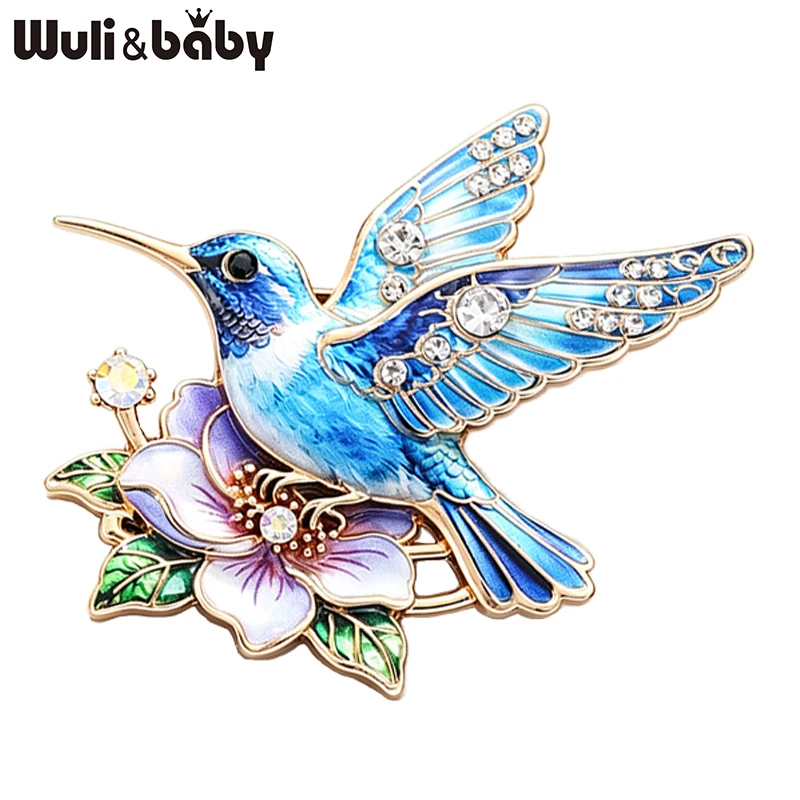 Wuli&baby Beautiful Flower And Hummingbird Brooches Pins For Women Unisex 5-color Charming Animal Birds Party Causal Brooch Pin