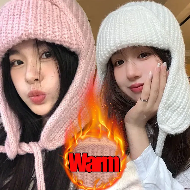 Kältebeständige Winter-Strickmützen, warme Damen-Ohrenklappen-Mütze, weich, verdickt, winddicht, kaltes Wetter, Outdoor-Mode, Ohrenschützer-Kappen