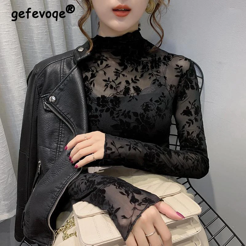 

Vintage Sexy Lace Floral Elegant Chic Slim Ladies Tops Spring Autumn Fashion Women's Half High Collar Long Sleeve Basic T-shirts