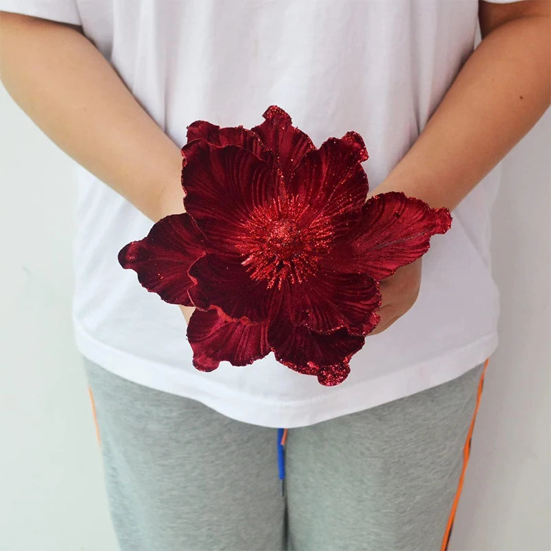 رؤوس زهور عيد الميلاد، زهور صناعية لامعة، زينة شجرة عيد الميلاد ذاتية الصنع، زينة حفلات عيد الميلاد، ديكور منزلي للعام الجديد #4