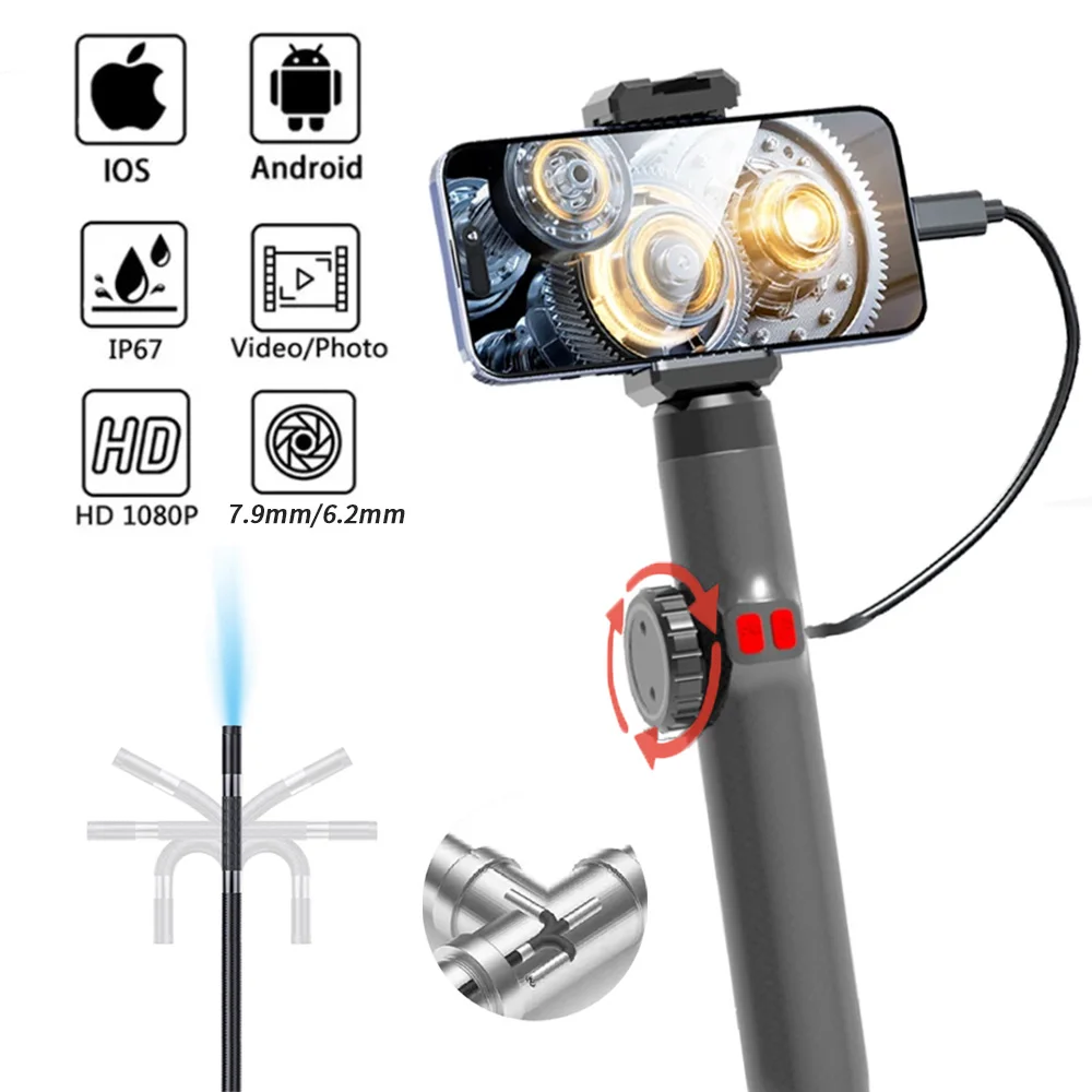 Two-Way 360 Degree Industrial Piping Endoscope Camera for Smartphone Type-C Android IOS Inspection Camera Endoscopic 7.9mm/6.2mm