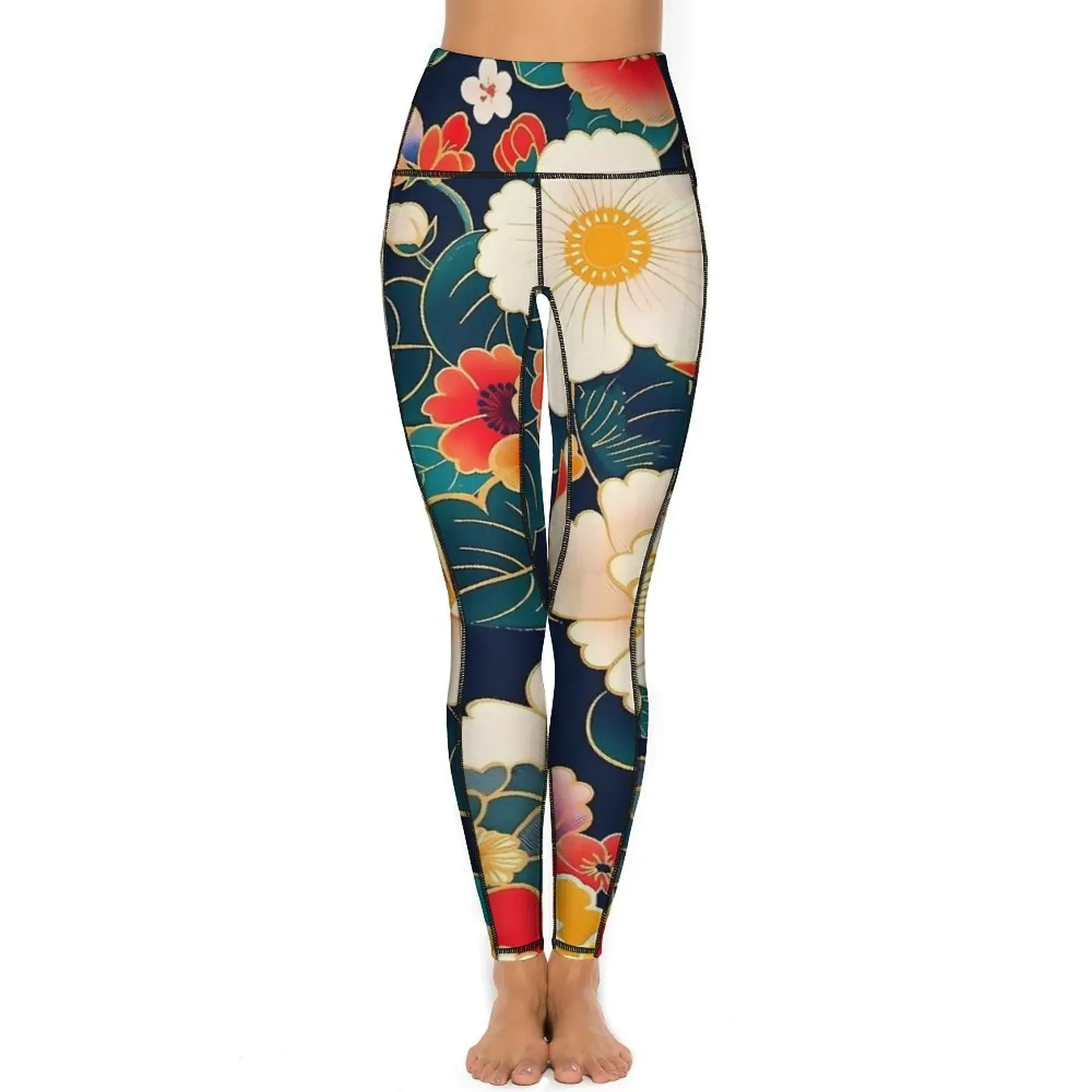 Japanische Kunst-Leggings, sexy Blumendruck, Fitness, Fitnessstudio, Yoga-Hose, Push-Up, schnell trocknende Sportstrumpfhose mit Taschen, niedliche grafische Leggins