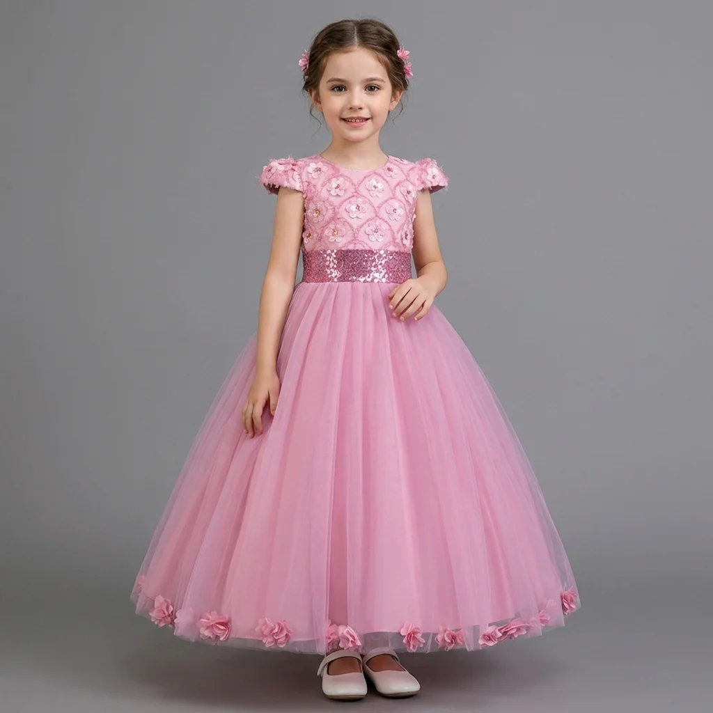 Girls Sequin Princess Dress, Elegant Long Puffy Flower Girl Gown, Short Sleeve Wedding & Pageant Dress for Birthday Party