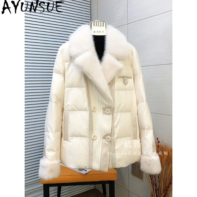 AYUNSUE Mulberry Silk White Goose Down Coat Warm Mink Fur Collar Outerwears Casual Fashion Winter Jacket Woman Clothes Casaco