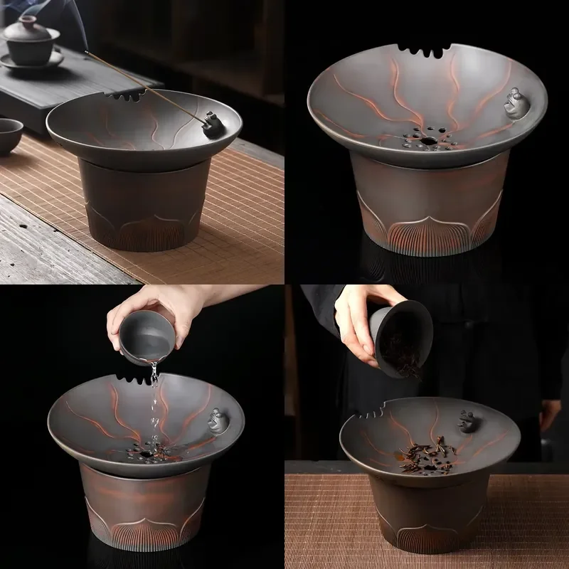 

【CHIMU HOME】 Purple Pottery Washing Jar Incense Holder Ashtray Filter Barrel with Lid Basin and Teacup Water Meng for