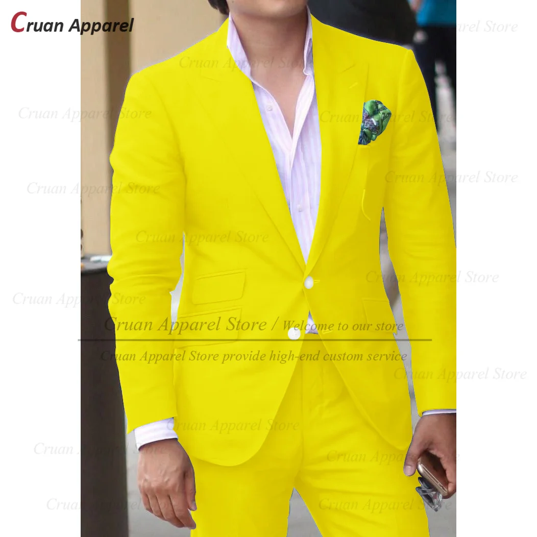 Fashion Yellow Suit for Men Formal 2 Buttons Business Jacket Prom Wedding Tuxedos 2023 Casual Slim Fit Blazer Pants 2 Pieces Set