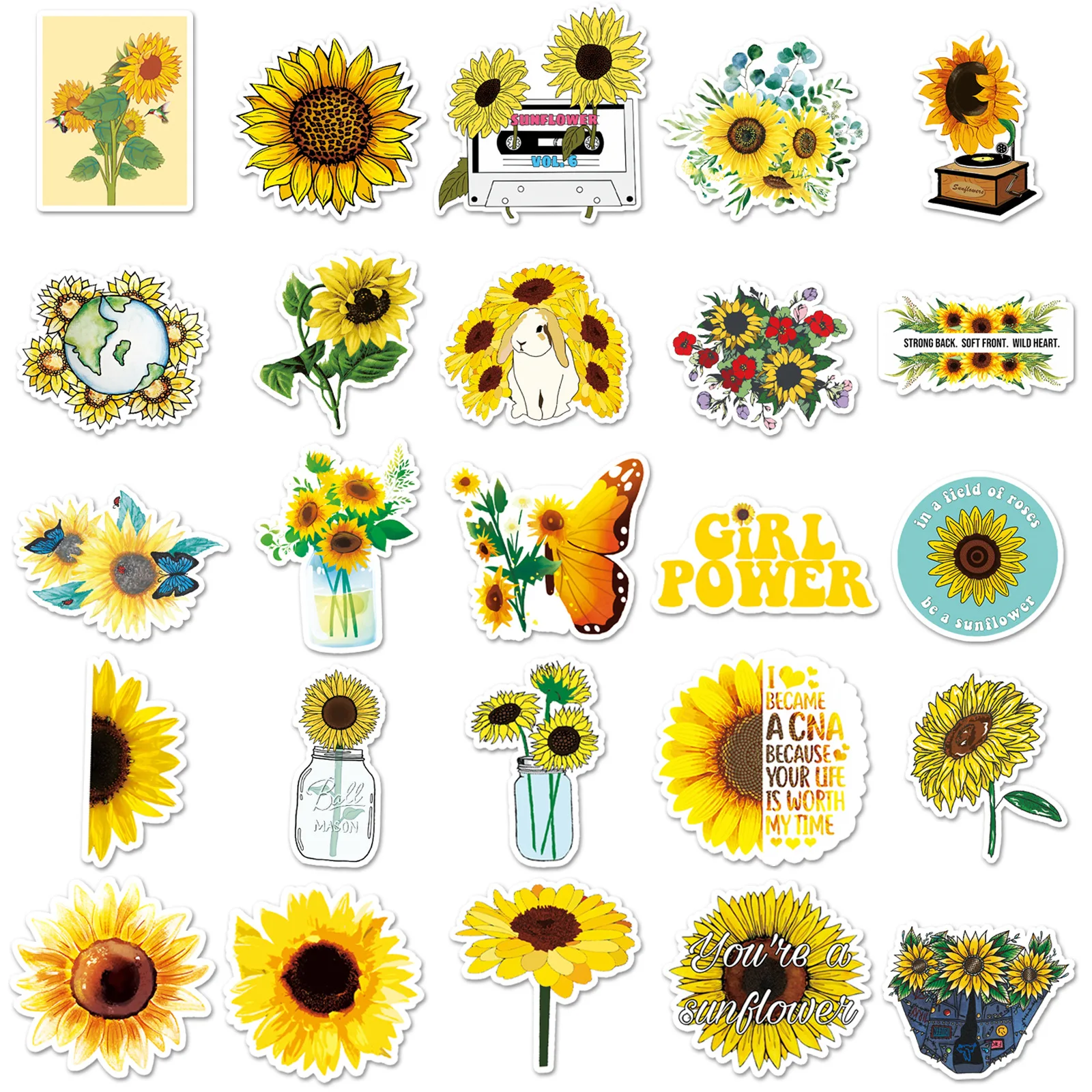 50PCS Sunflower Flower Cartoon Style Graffiti Decorative Water Cup Skateboard Laptop iPad Waterproof Stickers Kids Toy