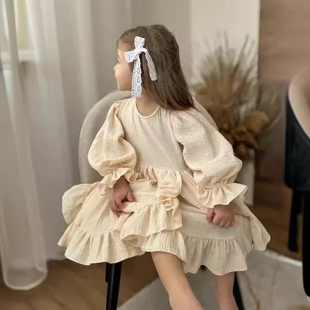 Dress Casual Eastern Europe Girl Solid Lotus Leaf Edge Split Fork Dress Elastic Sleeve England Simple Fashion 2024