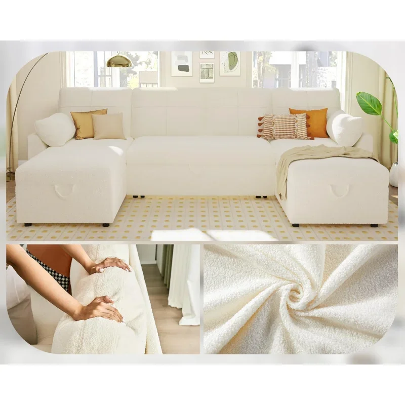 Oversize secional sofá-cama, armazenamento duplo chaise para sala de estar, sofá branco, puxe a cama, 2 em 1, 110 em