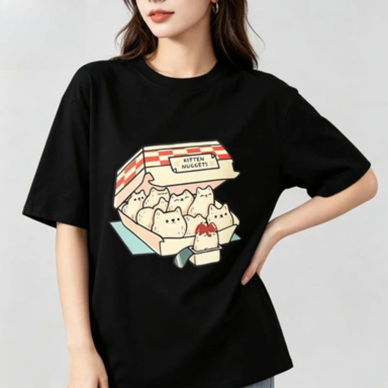 Soft Cotton Women Short Sleeve T-Shirt, Funny Kitten Nuggets Fast Food Box Print Crew Neck Basic Casual Tee Six Fashion Shades