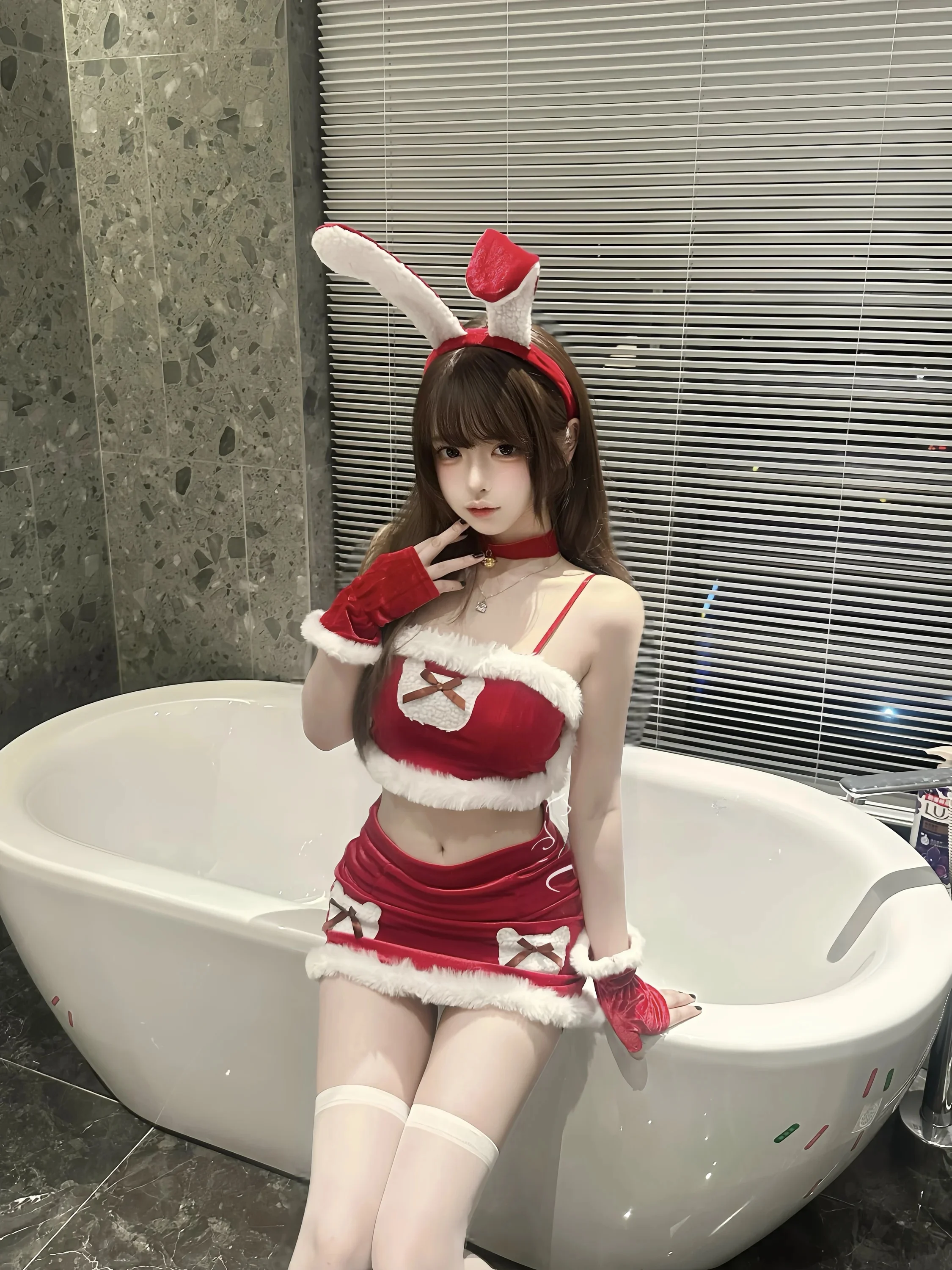 

Sexy Pure Desire Christmas Red Velvet Atmosphere Short Skirt Set Pie Pie Cosplay Rabbit Girl Costume Bodycon Dress