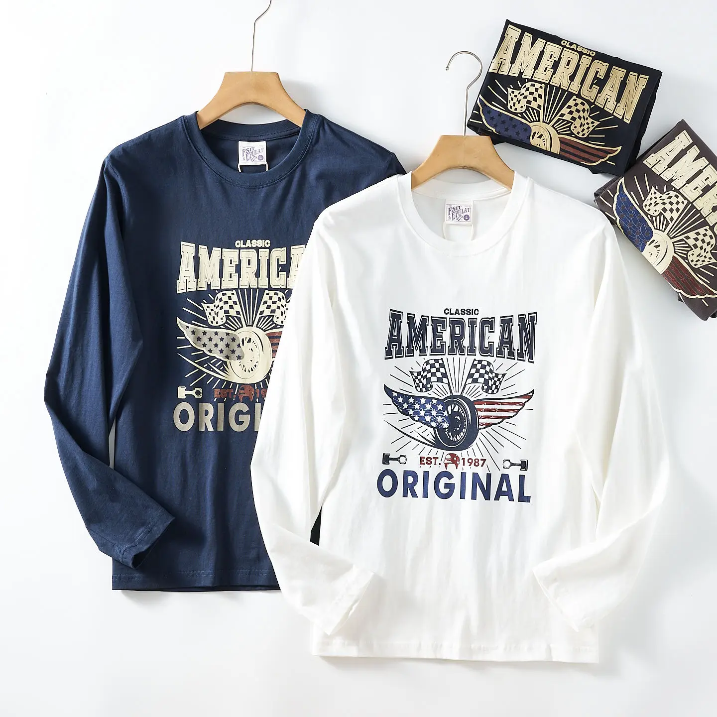 7925# Autumn New American Retro Long Sleeve O-neck Racing Printed T-shirt Men's Fashion 100% Cotton Washed Casual Sport Tops