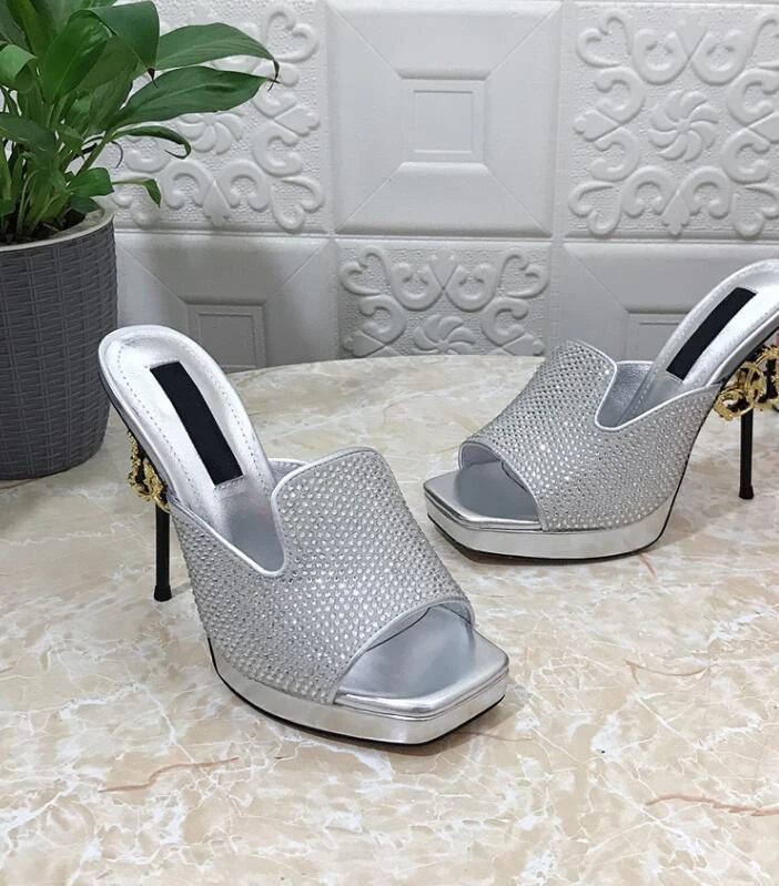 Metal Buckle Decor Thin Heel Sexy Slipper Shoes High Heel Platform Full Diamond Slip on Party Nightclub T-show Sapatos Mujer