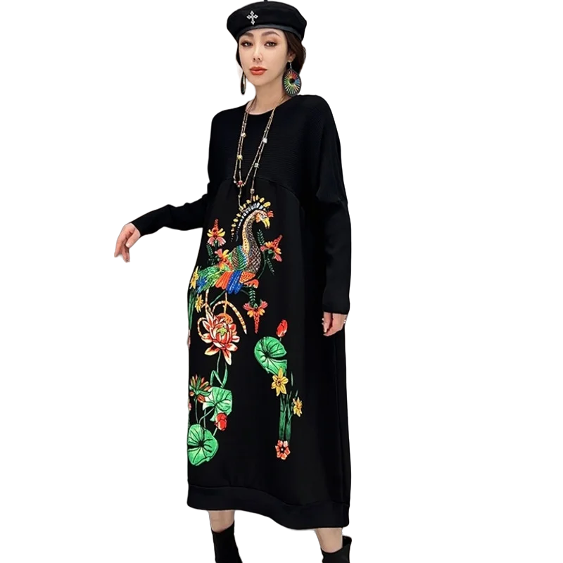 Vefadisa 2024 Autumn Fashion Women Round Neck Pullover Dress Loose Mid-length Printing Embroidery Knitting Dress Black LHX2550