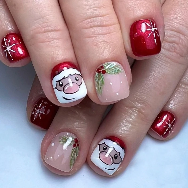 Santa Full Cover on Nails Christmas Press On Nails Snowflakes False Nails Artificial Nails Manicures Supply R3MF