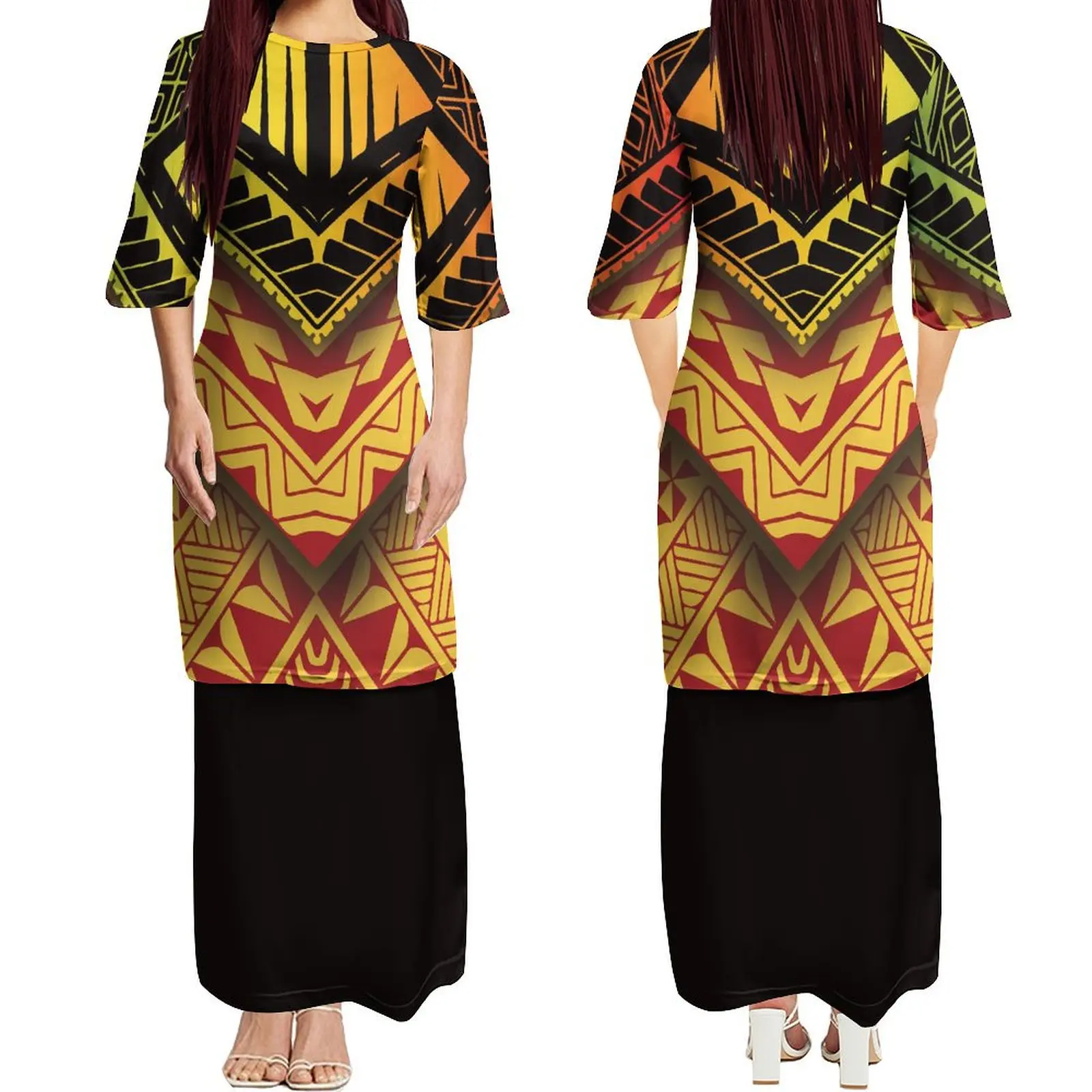 Polynesian Women's Two Piece Dresses Hawaiian Small O-Neck Half Sleeve Loose Women's Sheath Dress Puletasi Islander Clothing