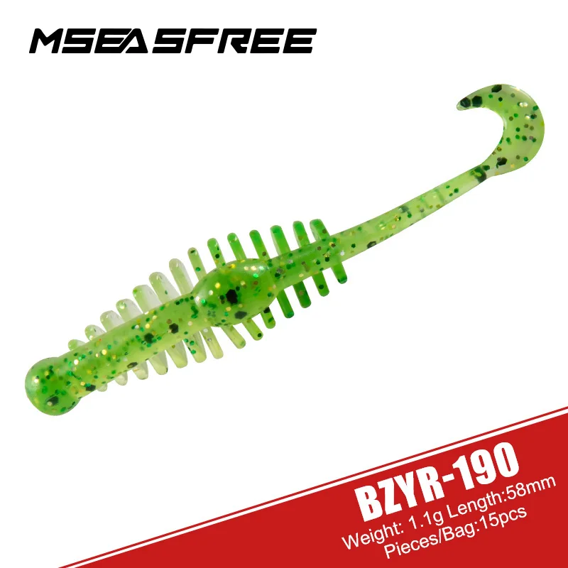 MSEASFREE-Mini Worm Soft Lure, Silicone Artificial Baits, Wobbler Swimbait for Rock Fishing, Bass Grouper, 58mm 1.1g, 15Pcs Pack