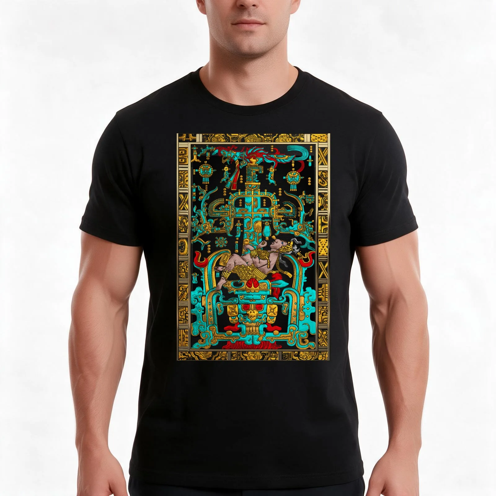 Lid of The Great Tomb of Pakal - Palenque Astronaut over Black No.2 T-Shirt, Summer Casual Cotton Tee, Oversized Streetwear Tops