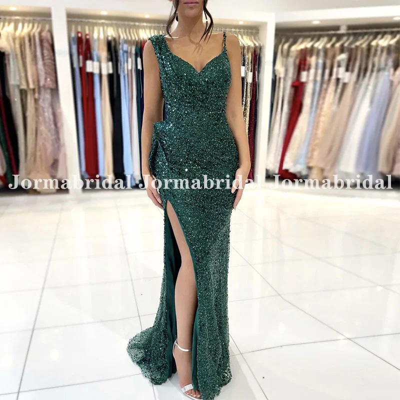 Vestido De noche De lentejuelas verde oscuro para mujer, vestido largo plisado con cuello en V, abertura lateral, Formal