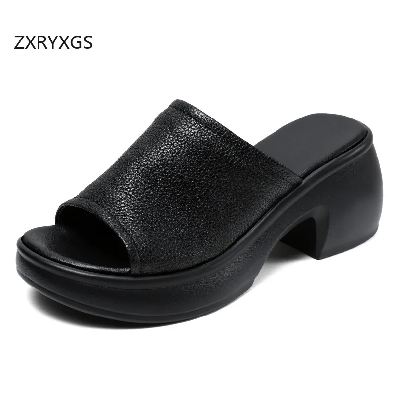 

ZXRYXGS Real Cowhide Fish Mouth Thick High Heel Slippers Outdoor Shoes 2025 New Summer Women Real Leather Slipper Casual Shoes