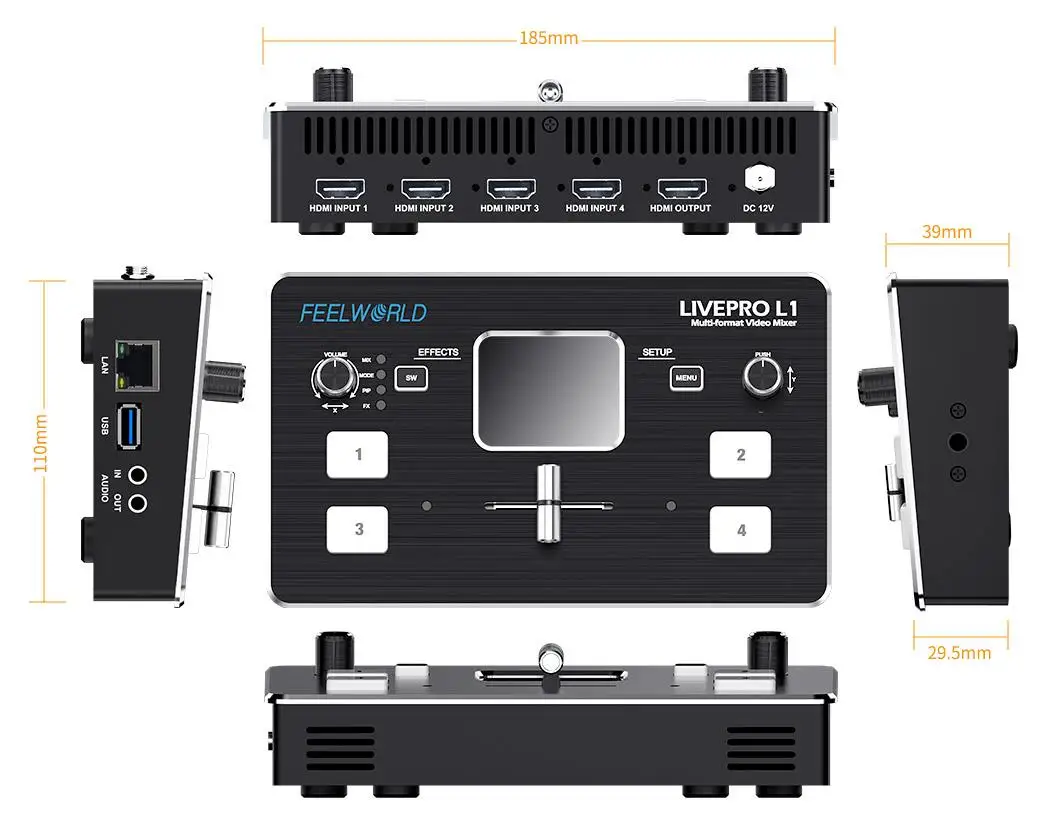 FEELWORLD LIVEPRO L1 Multi-format Video Switcher 4xHDMI Inputs Multi Camera Production Real Time Live Streaming for Video Audio