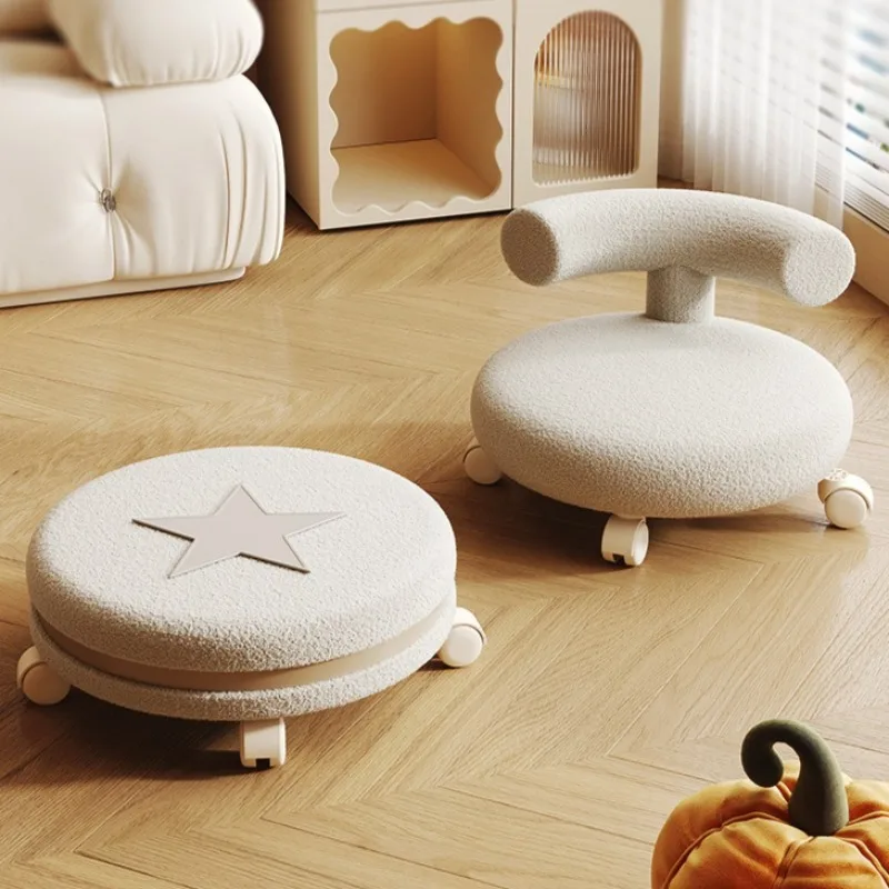 Cream Style Round Vanity Chair with Wheels, Upholstered Rolling Stool with Back, Swivel Caster Seat for Bedroom Home Office