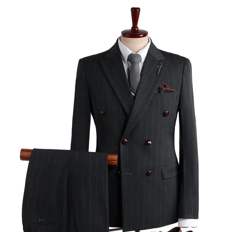 (25) Customized New Gray Striped Double-breasted Suit Suit for Men's Professional Formal Wear