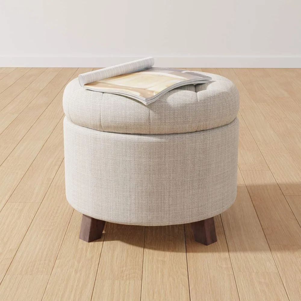 

Upholstered Tufted Storage Round Ottoman Footstool, Linen, Burlap Beige, ‎20"W x 20"D x 17"H,weight capacity up to 300 pounds