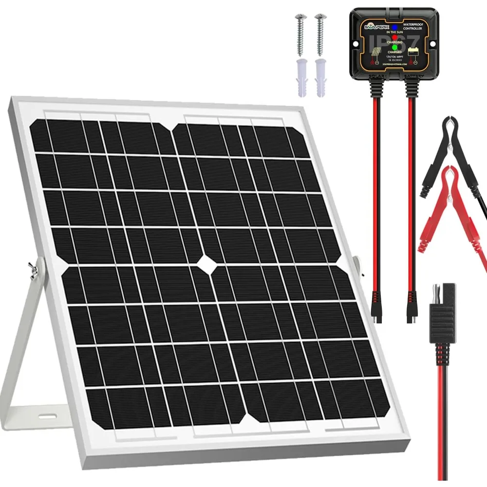 Solar Panel Kit with Adjustable Mounting Bracket, Solar Cell, Trickle Charger, Maintainer, Upgraded Controller, 20W, 12V