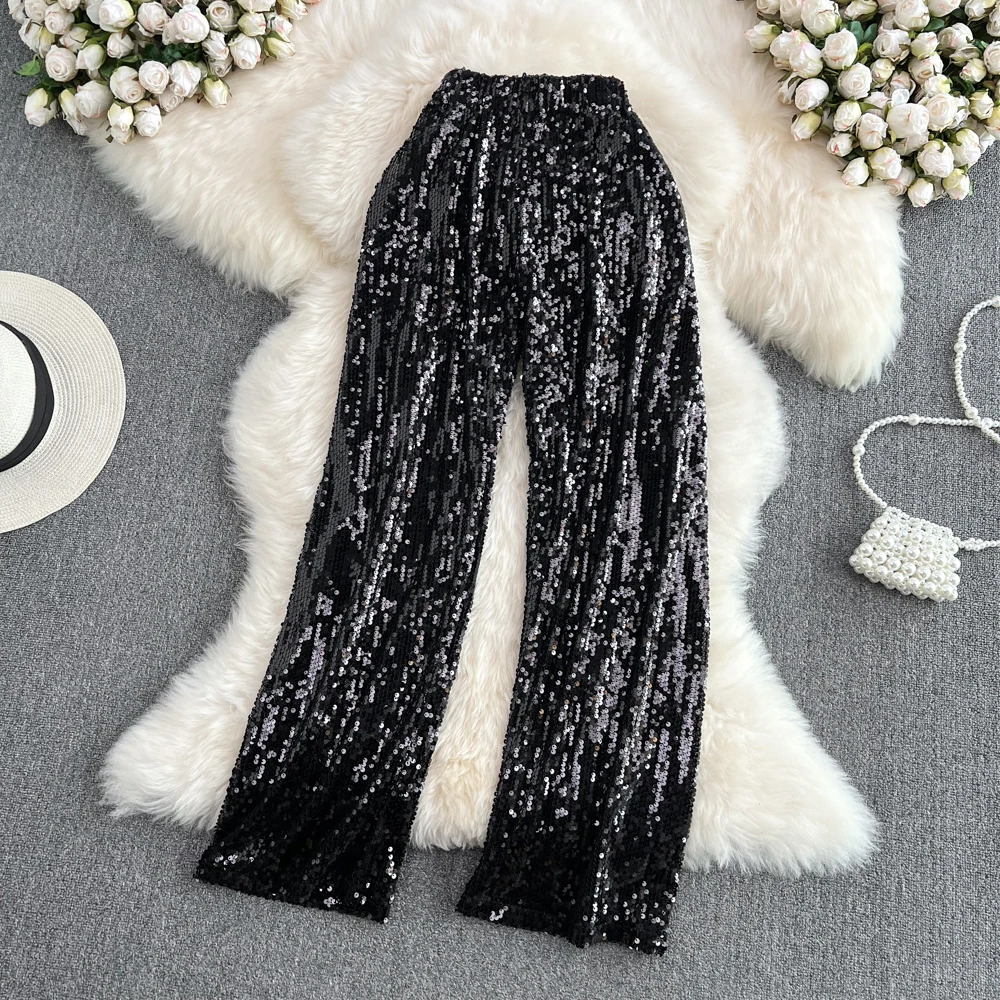 Dames zomer casual streetwear wijde pijpen lovertjes broek dame elastische taille losse volledige lengte glitterbroek